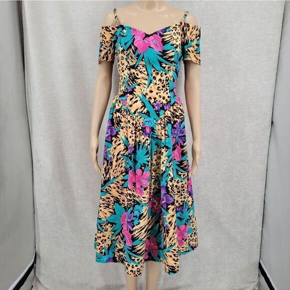 SMW 80s Vintage Drop Waist Off the Shoulder Leopard Cheetah Tropical Dress - Picture 15 of 15